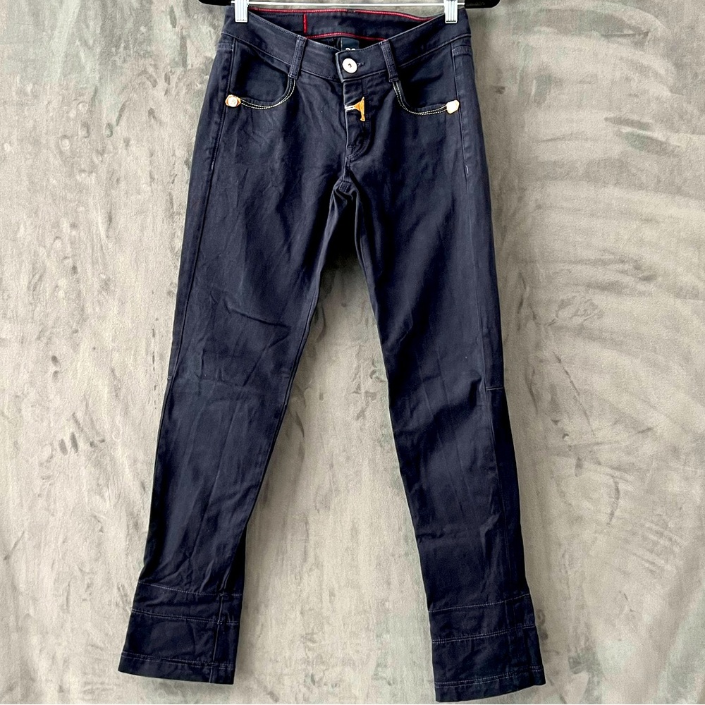 Marithé Francois Girbaud bold blue jeans purple/yellow accent stitching. Size 29